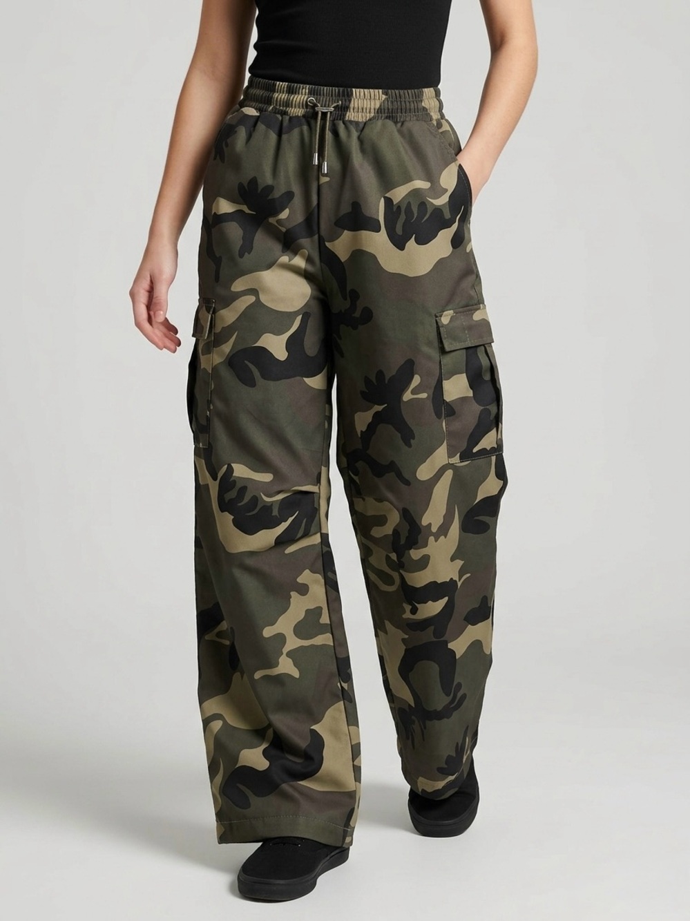 Camo Drawstring Cargo Pants - Olive Green